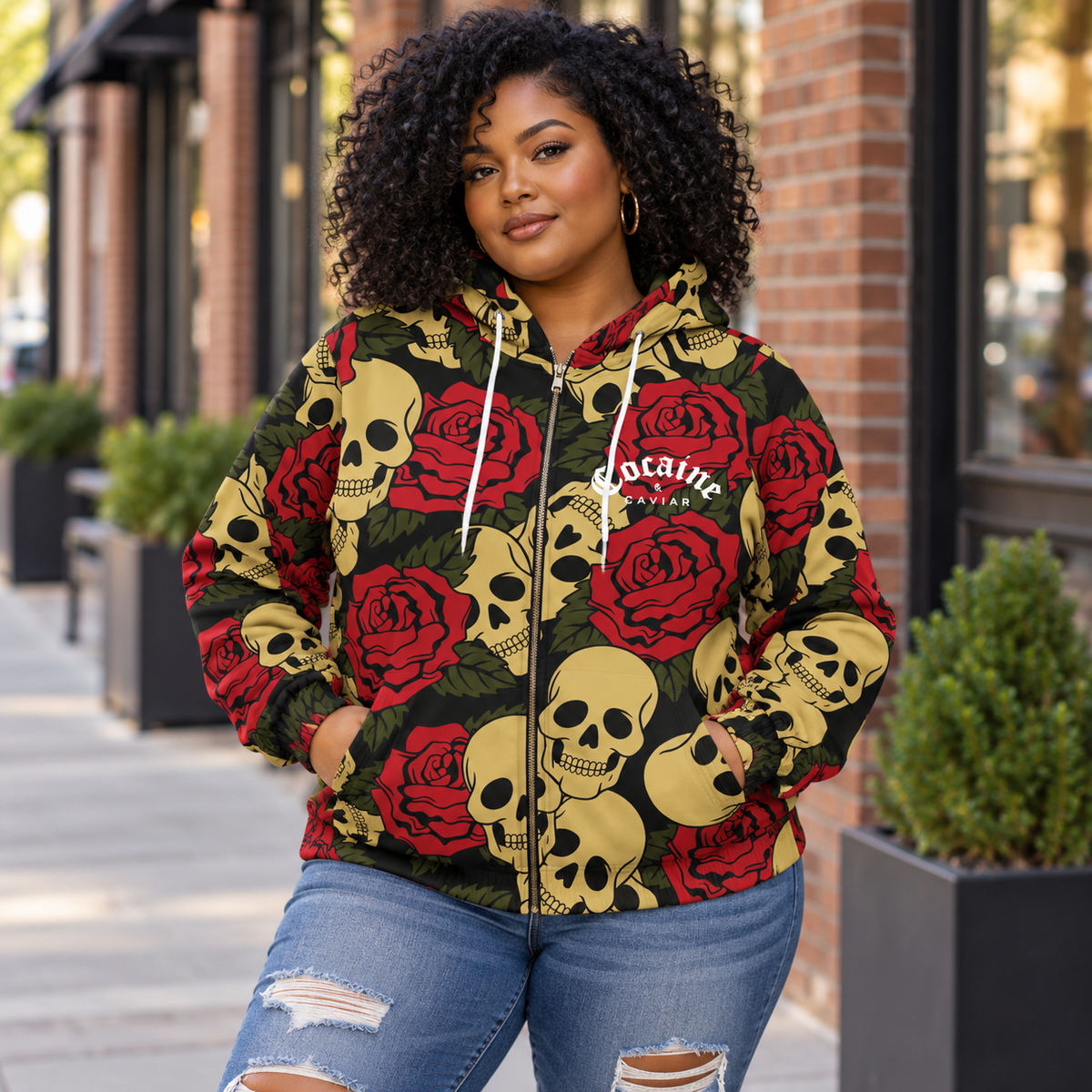 SKULL & ROSES ZIP UP HOODIE